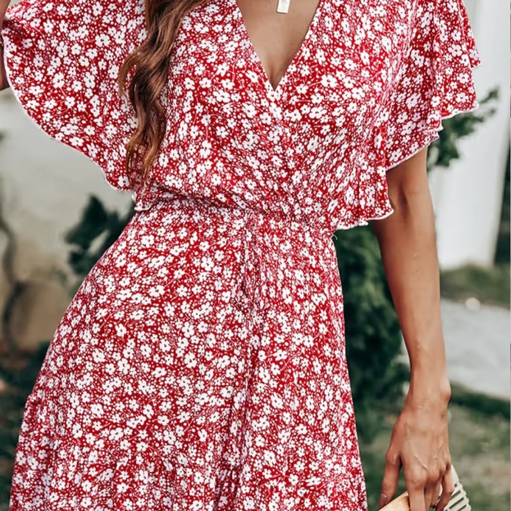 Floral Red and White Dress